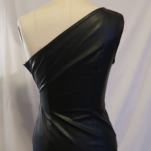 Black Faux Leather Studded One-Shoulder Dress - Picture 2 of 10